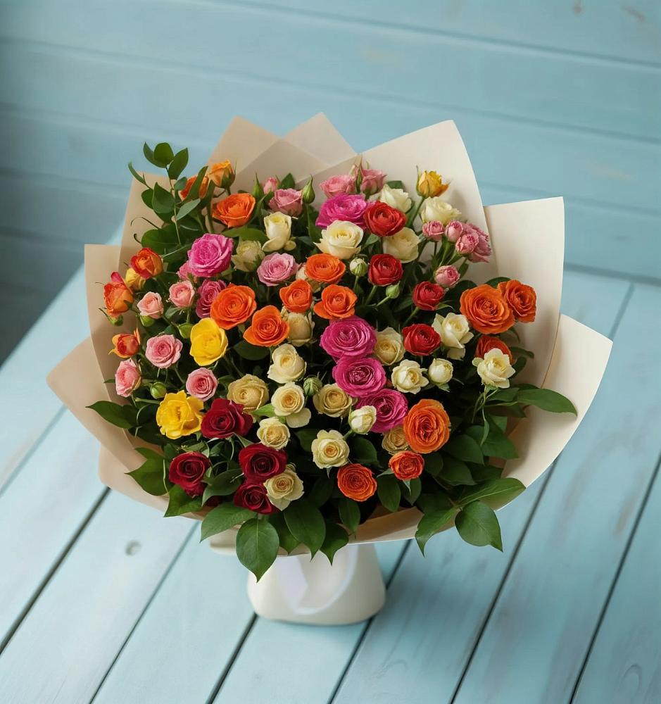 Букет Микс из разноцветных кустовых роз в Жатай